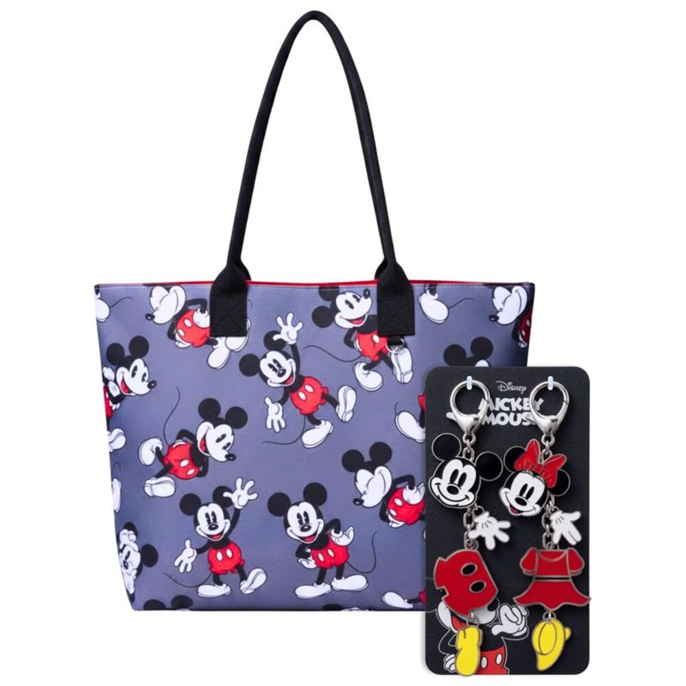 New Disney Mickey & Minnie Mouse Travel Tote Bag & 2-Pack Bag Charm Set